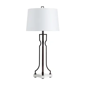 Aged Bronze Metal And Marble Table Lamp With Linen Shade