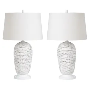 Set Of 2 White Rattan/bamboo Table Lamp With Linen Shade