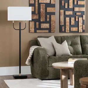 Black And Gold Metal Floor Lamp With Linen Shade