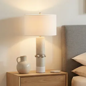 Modern Ceramic Table Lamp In Cream With White Linen Drum Shade