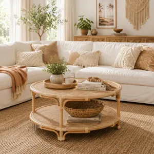 Tan Rattan Round Cocktail Coffee Table