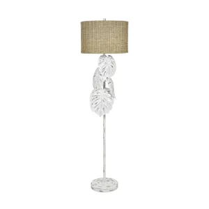 Tropical Leaf White Distressed Metal Floor Lamp With Tan Grass Rope Shade