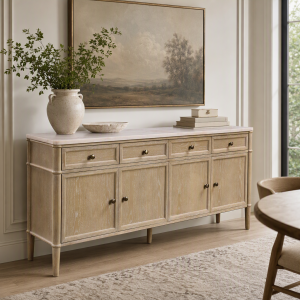 72 In. Tan Wood Whitewashed Four Door, Four Drawer Credenza Sideboard
