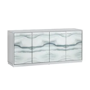 White And Gray Marble Inspired Reverse Painted Glass 4-door Media Credenza/sideboard