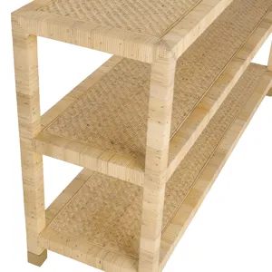 59.75 In. Tan Raffia 3 Shelf Accent Console/sofa Table