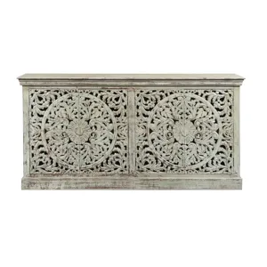 Distressed Cream 4 Door Solid Wood Media Credenza/sideboard