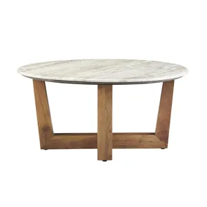 White & Gray Travertine Topped Round Cocktail/coffee Table With Brown Wooden Legs
