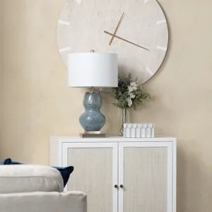 Double-gourd Blue Ceramic Table Lamp With Crystal Base And Drum Shade.