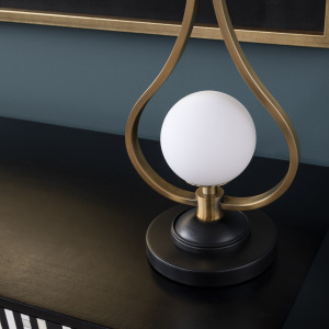 Modern Table Lamp With Brushed Gold And Matte Black, Black Organza Drum Shade, Nightlight Feature