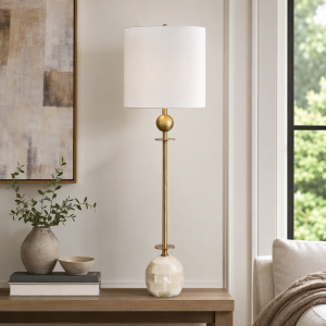 Brass Buffet Table Lamp With White Marble Base And White Linen Shade