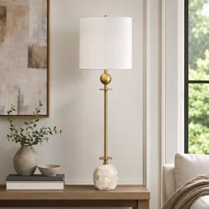 Brass Buffet Table Lamp With White Marble Base And White Linen Shade