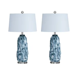 Blue And Whte Ceramic Table Lamp With White Linen Shade