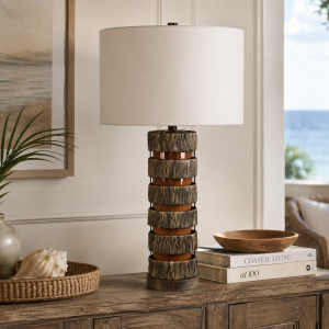 Brown Boho Table Lamp With Oat Linen Drum Shade
