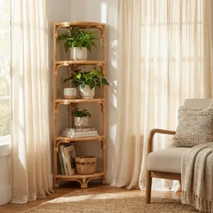63.25 In. Tan Raffia 4 Shelf Corner Etagere/bookcase