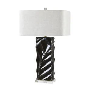 Ceramic Table Lamp With Crystal Base And Rectangular Linen Beige Shade