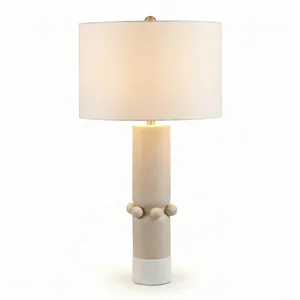 Modern Ceramic Table Lamp In Cream With White Linen Drum Shade