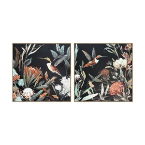Bloom & Flutter Birds On Black Botanical Framed Wall Art Set