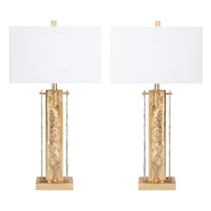 Set Of 2 Metal & Glass Table Lamp With Linen Shade