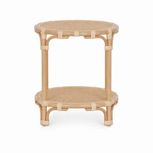 Round Tan Raffia Accent End Table