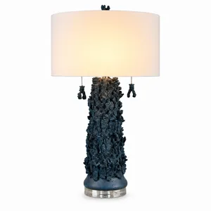 Blue Coraline Table Lamp With Textured Base And White Linen Drum Shade