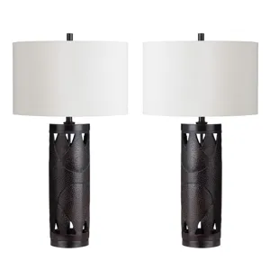 Set Of 2 Metal & Resin Table Lamp With Nightlight And Linen Shade
