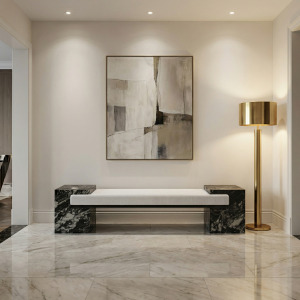 72 In. Black Marble And White Upholstered Accent Bench