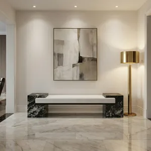 72 In. Black Marble And White Upholstered Accent Bench