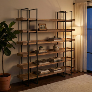 84 In. Brown Solid Wood 6 Shelf Etagere/bookcase With Black Iron Frame