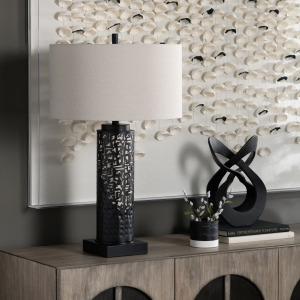 Black Metal Table Lamp With Oat Linen Drum Shade & Nightlight