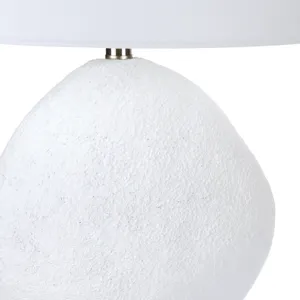 White Textured Table Lamp With Clear Crystal Base And White Linen Oval Shade