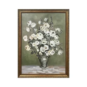 White Blooms Traditional Green Framed Canvas Wall Art