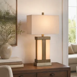 Brushed Gray Metal Table Lamp With Oat Linen Rectangular Shade