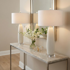 Avril Modern White Ceramic Table Lamp With White Linen Shade