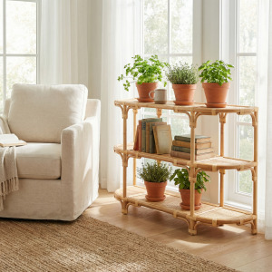 59.5 In Tan Raffia 3 Shelf Accent Console/sofa Table