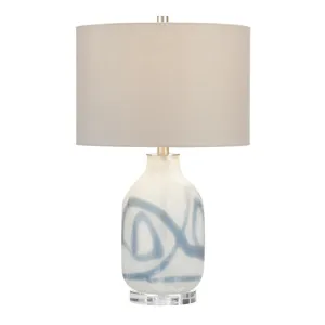 Glass Table Lamp With Crsytal Base And Gray Linen Shade