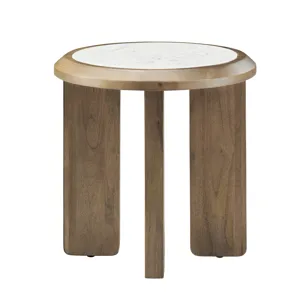 Brown Wood With Marble Top Round Accent End Table