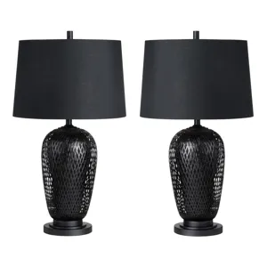 Set Of 2 Black Rattan/bamboo Table Lamp With Linen Shade