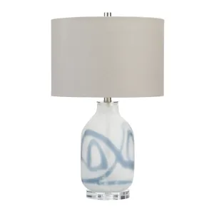 Glass Table Lamp With Crsytal Base And Gray Linen Shade