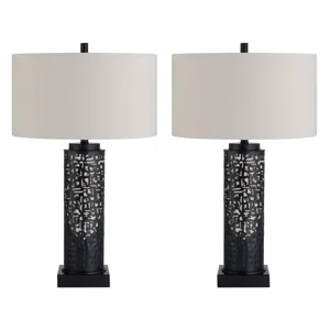 Black Metal Table Lamp With Oat Linen Drum Shade & Nightlight