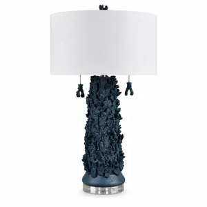 Blue Coraline Table Lamp With Textured Base And White Linen Drum Shade