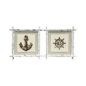 Maritime Duo 2-piece Nautical Anchor & Helm Framed Wall Art Set