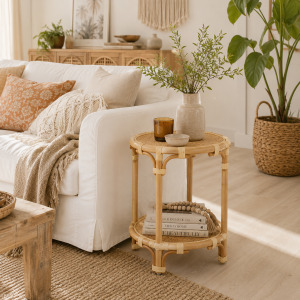 Round Tan Raffia Accent End Table