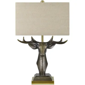 Deer Head Table Lamp With Beige Burlap Shade