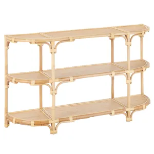 59.5 In Tan Raffia 3 Shelf Accent Console/sofa Table