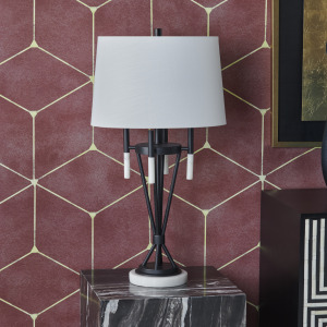 Treyton Modern Table Lamp, , Matte Black Steel, White Linen Shade, Marble Base
