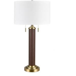 Faux Leather And Metal Table Lamp With White Linen Shade