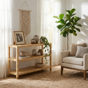 59.75 In. Tan Raffia 3 Shelf Accent Console/sofa Table