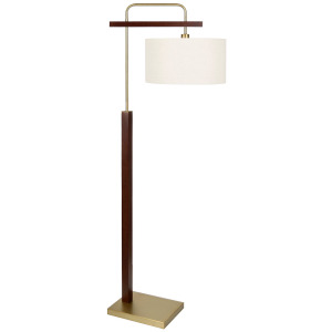 Wood And Brass Metal Floor Lamp With Drum Linen Shade