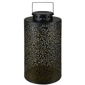Black Metal Led Lantern With Floral Cutout Design