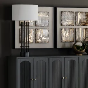 Metal Table Lamp With White Linen Drum Shade
